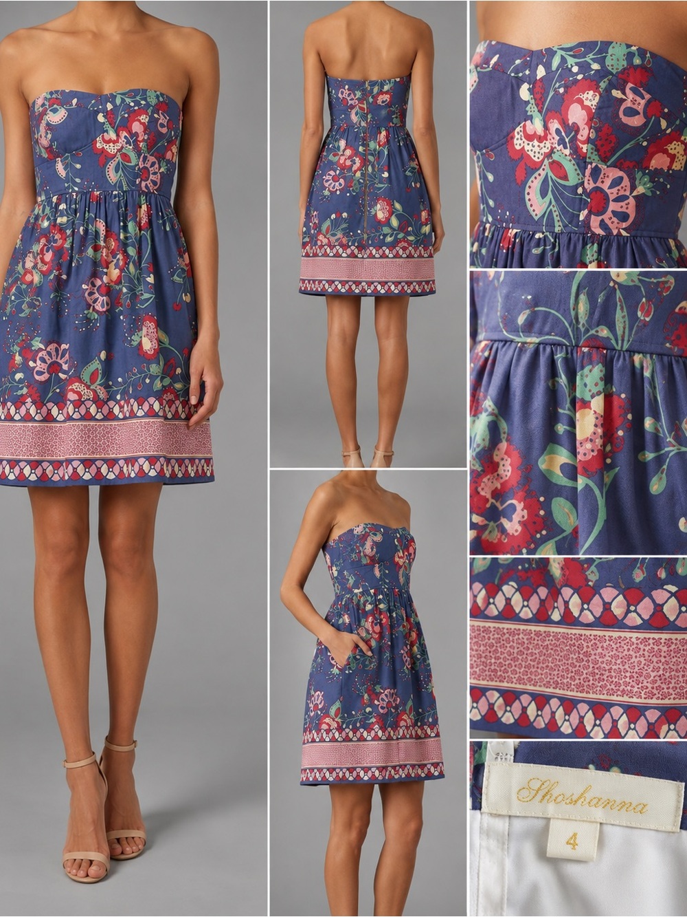 Shoshanna Blue Floral Strapless Dress Size 4